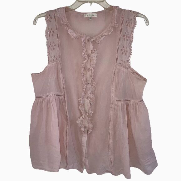 MAX STUDIO L 100% Cotton Eyelet Embroidered Sleeveless Neutral Rose Bohemian Top - Picture 1 of 5